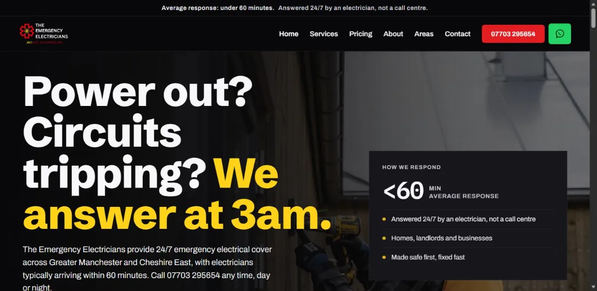 The Emergency Electricians homepage built by Own The Job, live now