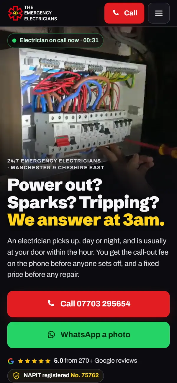 The Emergency Electricians on a phone after the October redesign