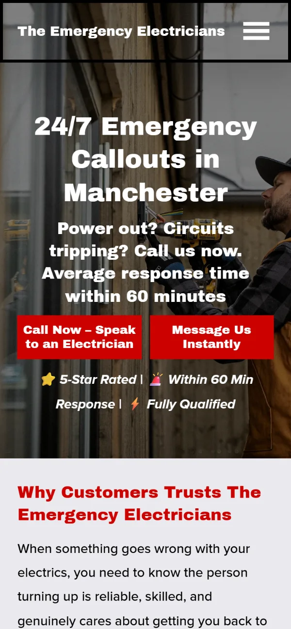 The old Emergency Electricians site on a phone, before we rebuilt it