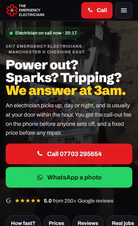 The Emergency Electricians website on a phone, as it is live now