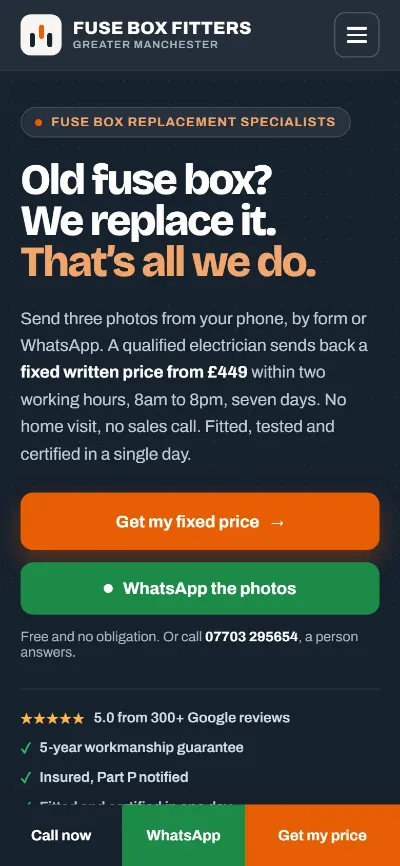 The Fuse Box Fitters homepage on a phone