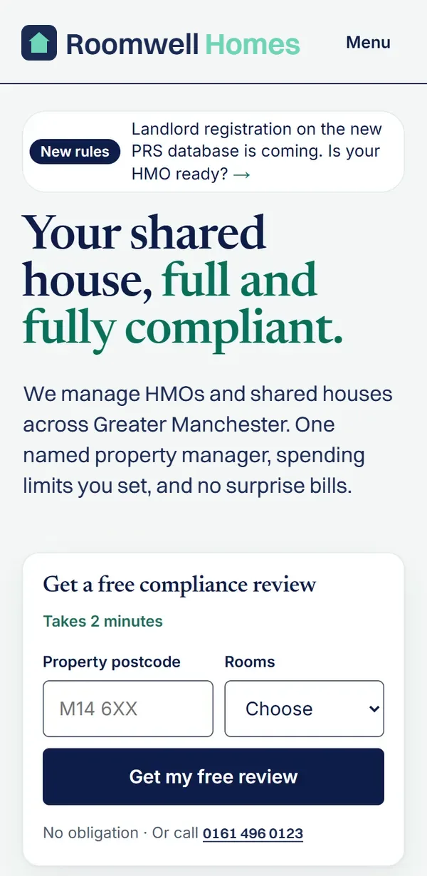 The free compliance review on a phone, asking for a postcode and the number of rooms