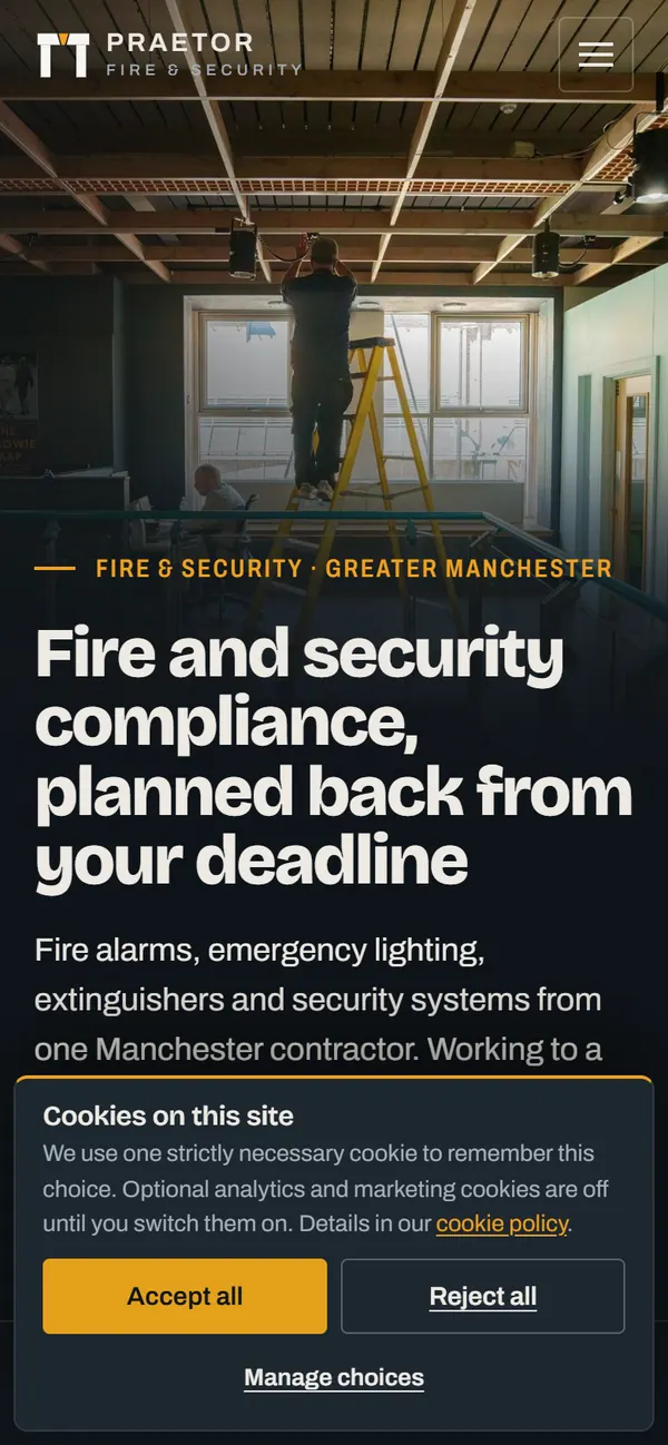 Praetor Fire & Security on a phone, September, full cookie banner