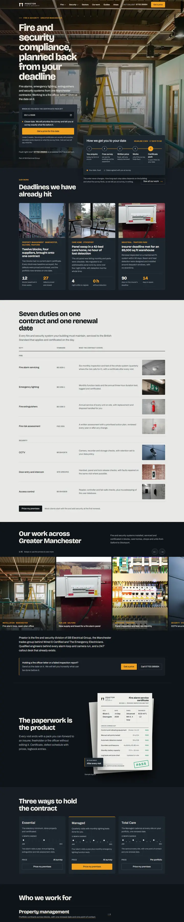 The Praetor Fire & Security homepage, the full page