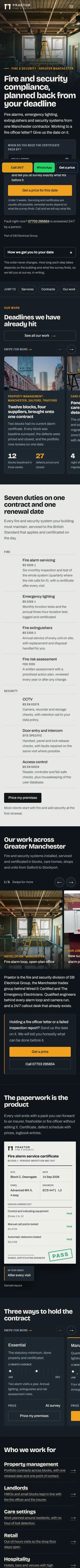 Praetor Fire & Security on a phone, the full page