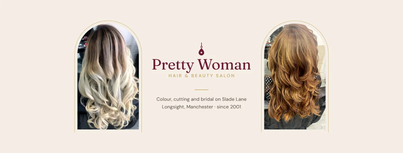The new Pretty Woman Facebook cover: the maroon logo between two hair colour photos in gold arches
