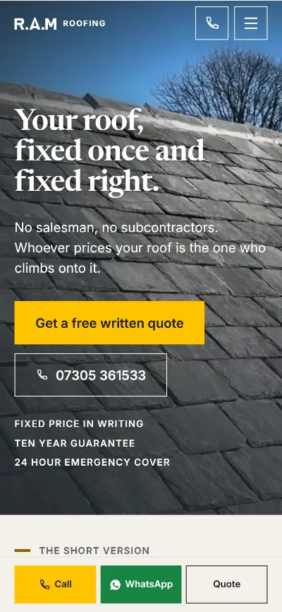 The RAM Roofing homepage on a phone
