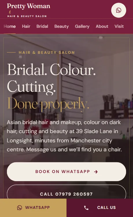 The Pretty Woman salon website on a phone, as it is live now