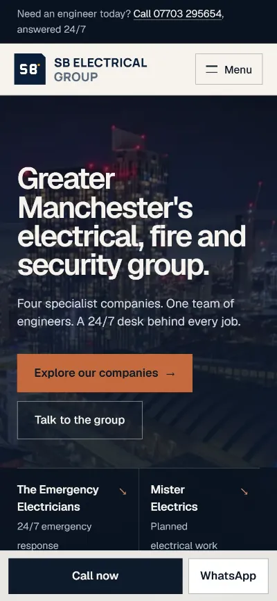 The SB Electrical Group homepage on a phone
